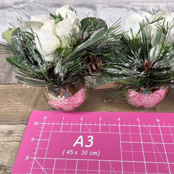 White Flower Rose Pine Mercury Glass Ornament Vases Winter Holiday 3 Pc Set NEW - Picture 9 of 11